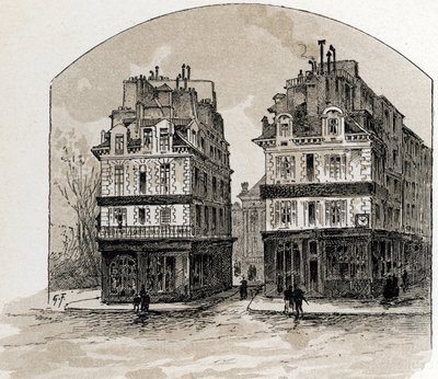 Utsikt over de gamle husene til Pont-Neuf i Paris (Gamle hus på Pont Neuf-broen, Paris) Tegning av Gustave Fraipont (1849-1923) fra Saint-Juirs av Gustave Fraipont