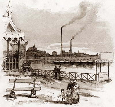 Utsikt over quai de Javel i Paris, actuel quai André-Citroen (Utsikt over quai Andre Citroen tidligere quai de Javel, Paris) Tegning av Gustave Fraipont (1849-1923) henter fra "La seine a travers Paris" av Saint- Juirs av Gustave Fraipont