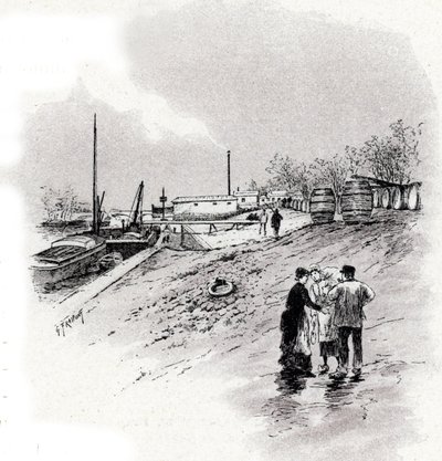 Utsikt over elvebredden og kaien Saint-Bernard, Paris Tegning av Gustave Fraipont (1849-1923) henter fra "La seine a travers Paris" av Saint-Juirs av Gustave Fraipont