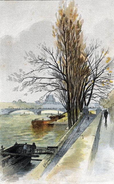 Utsikt over solferinobroen fra Quai d'Orsay, Paris (Utsikt over solferinobroen fra Quai d'Orsay, Paris) Tegning av Gustave Fraipont (1849-1923) er hentet fra Saint-Juirs "La seine a travers Paris" av Gustave Fraipont