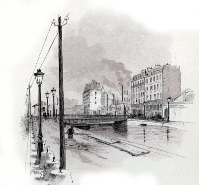 Utsikt over den svingende broen til quai de Valmy på kanalen Saint Martin, Paris Tegning av Gustave Fraipont (1849-1923) fra Saint-Juirs av Gustave Fraipont