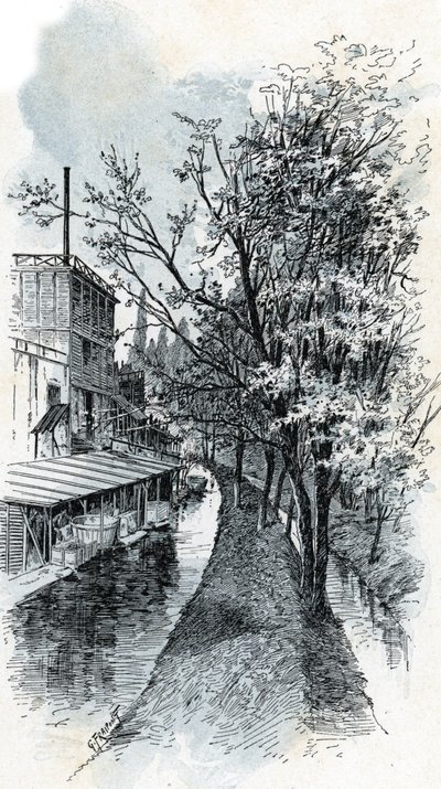 Utsikt over de to Bievre-elvene fra Boulevard d'Italie, Paris Tegning av Gustave Fraipont (1849-1923) henter fra "La seine a travers Paris" av Saint-Juirs av Gustave Fraipont