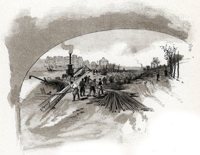 dechargement du fer sur le quai saint Bernard a Paris (Jernbokker sluppet ut av havnearbeiderne på elvebredden på noten ved quai Saint-Bernard i paris) Tegning av Gustave Fraipont (1849-1923) henter fra «La seine a travers Paris» av Saint-Juirs av Gustave Fraipont