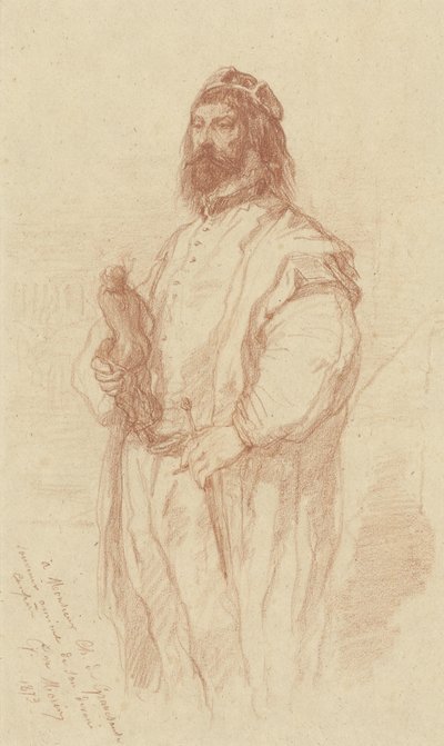 Stående mann med statue av Gustave François Morin