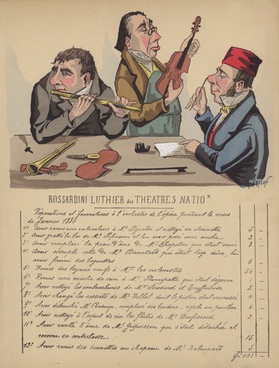 Regning for musikkinstrumenter for operaens orkester (farge litho) av Gustave Frison
