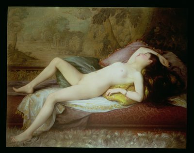 Naken liggende på en sjeselong (olje på lerret) av Gustave Henri Eugene Delhumeau