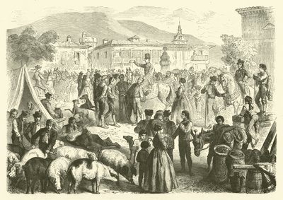Årlig messe for byen Alcala, Spania (gravering) av Gustave Janet