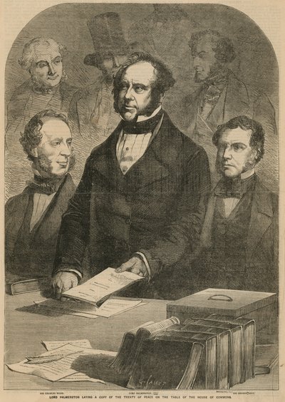 Lord Palmerston legger en kopi av fredstraktaten på bordet til Underhuset av Gustave Janet