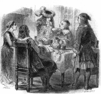 Russian tsar Peter the Great (1672-1725), heberge in France with the Kalf family, observes the discussion between his host and a drunken, the Marquis de Bernardini. Engraving by Gustave Janet av Gustave Janet