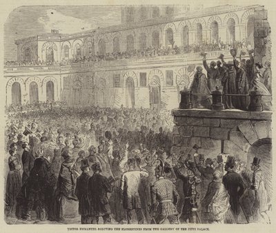 Victor Emmanuel hilser florentinerne fra Galleriet til Pitti-palasset av Gustave Janet