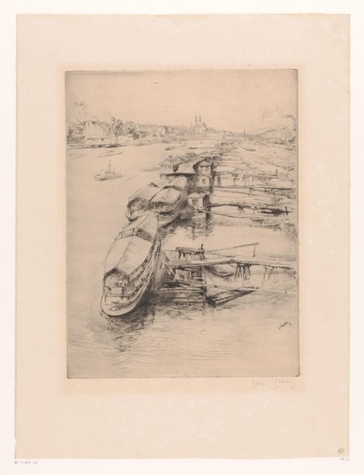 Fortøyde båter i Auteuil, Paris Les bateaux Parisiens, Auteuil av Gustave Leheutre (signed by artist)