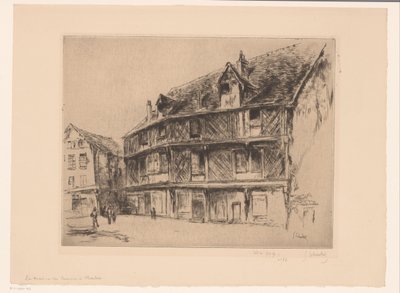 Gate med hus og turgåere i Chartres La maison du saumon (Chartres) (tittel på objekt) av Gustave Leheutre (signed by artist)
