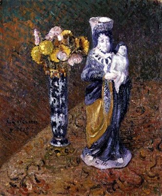 Blomster og en statuett av Gustave Loiseau