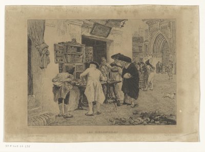 Menn samlet rundt en bokhandlers utstilling Les Bibliophiles (tittel på objekt) av Gustave Marie Greux