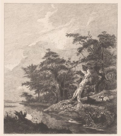 Elvelandskap med en hvilende gjeter ved en trestubbe av Gustave Marie Greux