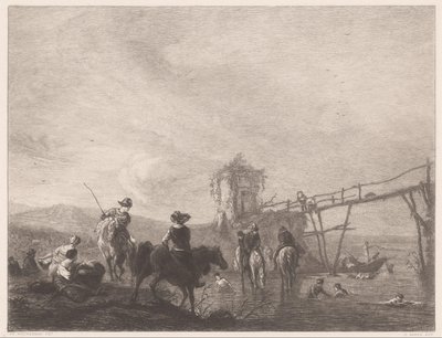 Hviler og svømmer figurer på en bredd Die pferdetränke (tittel på objekt) av Gustave Marie Greux
