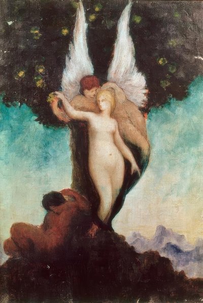 Fantasifull scene med et eldgammelt motiv. Bevinget Efebe med w av Gustave Moreau