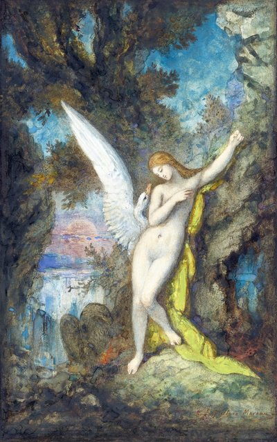 Leda and the Swan par Moreau, Gustave (1826-1898), - Akvarell, Gouache på papir, 34,2x22,2 - Privat samling av Gustave Moreau