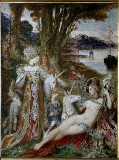 The Unicorns - Olje på lerret, ca 1885 av Gustave Moreau
