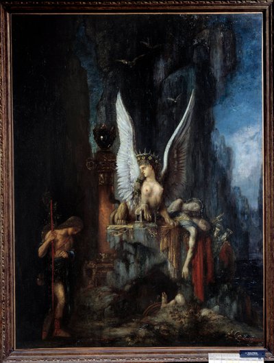 Den reisende eller ødipusreisende eller egalitten før døden Oedipus foran sfinksen. Maleri av Gustave Moreau (1826-1898) Søn fra 1800-tallet. 0,93x1,24 m Metz, musee des Beaux Arts. - Den reisende eller Ødipus den reisende eller likhet før døden, av Gustave Moreau