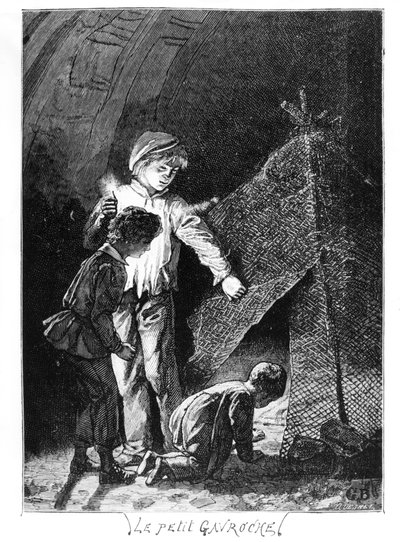 Gavroche and His Two Brothers in the Bastille Elephant, illustrasjon fra Les Miserables (1845-62) av Victor Hugo (1802-85), ca. 1885 av Gustave after Brion
