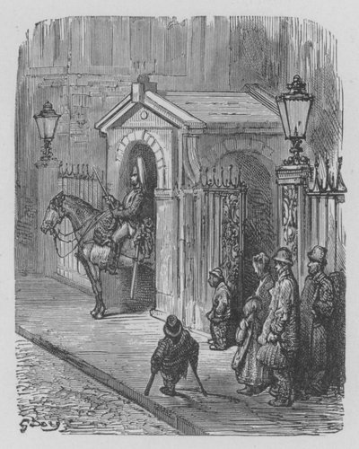 Hestevakt i fraksjon foran dronningens palass av Gustave after Dore