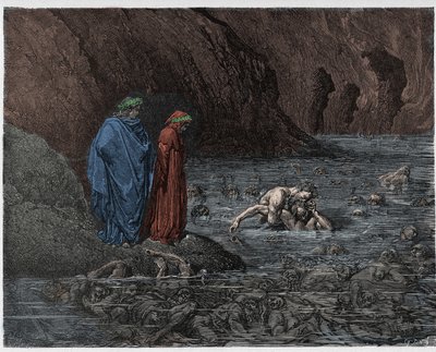 Inferno, Canto 32: Ugolino (Ugolin della Gherardesca) gnager på hodet til erkebiskop Ruggieri (Ruggeri Ubaldini), illustrasjon fra The Divine Comedy av Dante Alighieri, 1885 (digitalt farget og av Gustave after Dore