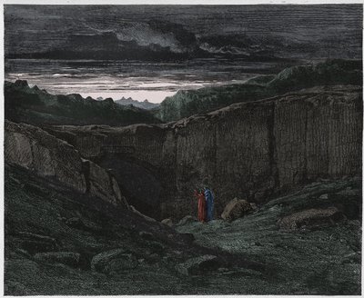 Inferno, Canto 3: Virgil og Dante ved helvetes porter, illustrasjon fra The Divine Comedy av Dante Alighieri, 1885 (digitalt farget gravering) av Gustave after Dore