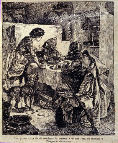 Hans første bekymring var å kjøre dem til kjøkkenet og mate dem... Illustrasjon av den nye "" Colomba"" skrevet av Prosper Merimee. Gravering av Gustavino (Gustavo Rosso) (1881-1950), ca. 1915 av Gustavo Gustavino Rosso