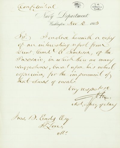 Brev signert G.V. Fox, Navy Department, Washington, til Jas. B. Eads [James B. Eads], St. Louis, Mo., 2. november 1863 av Gustavus Vasa Fox