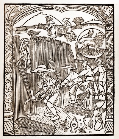 Hyrdekalender - Månedens arbeid - August - Tresnitt fra boken fra 1496 trykket av Guy Marchant (Guido Mercator) i Troyes - Tregravering i "Le grand Calendrier et compost des shepherds" - av Guy Marchant