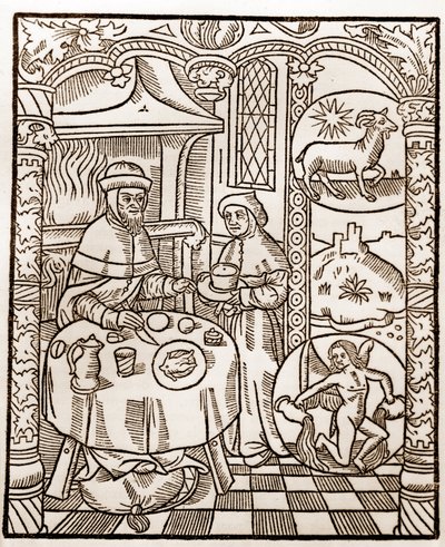 Hyrdekalender - Månedens arbeid - Januar - Tresnitt fra boken fra 1496 trykt av Guy Marchant (Guido Mercator) i Troyes - Tregravering i "Le grand Calendrier et compost des shepherds" - av Guy Marchant