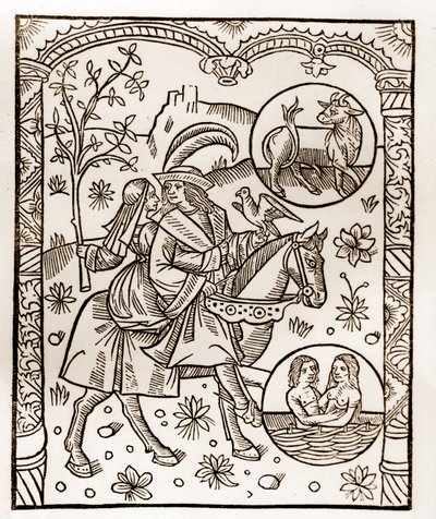 Hyrdekalender - Månedens arbeid - Mai - Tresnitt fra boken fra 1496 trykt av Guy Marchant (Guido Mercator) i Troyes - Tregravering i "Le grand Calendrier et compost des shepherds" - av Guy Marchant