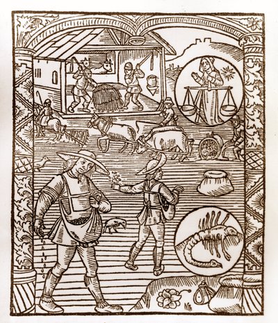 Hyrdekalender - Månedens arbeid - September - Tresnitt fra boken fra 1496 trykket av Guy Marchant (Guido Mercator) i Troyes - Au premier plan, des peassans sement a la volee - Tresnitt i "Le grand Calendrier et compost des shepherds" - av Guy Marchant