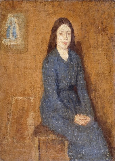 En sittende jente iført en flekket blå kjole, 1914-15 av Gwen John