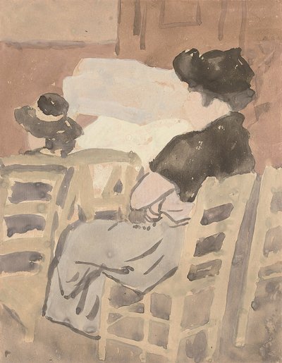 En kvinne og en ung jente i et kirkeinteriør (akvarell på papir) av Gwen John