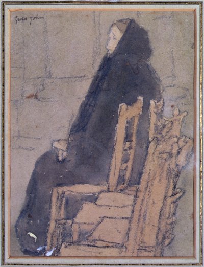 Gammel kvinne i svart sjal (akvarell, kroppsfarge og svart fargestift på beige papir) av Gwen John