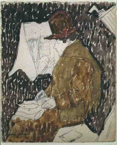 Profil av en kvinne i en jernbanevogn (akvarell på papir) av Gwen John