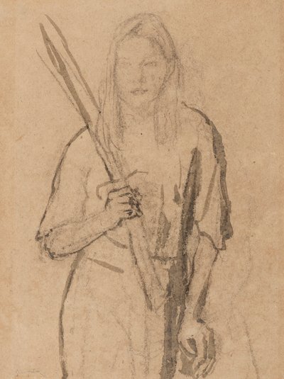 Stående jente med trepost i hånden (blyant og vask på papir) av Gwen John