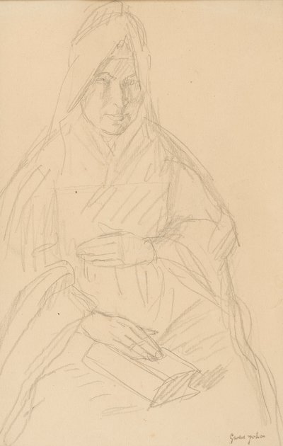 Studie for Mere Poussepin sittende ved et bord, ca. 1915 av Gwen John