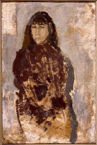 Studie av en ung kvinne i en morbærkjole (olje på papir montert på lerret) Mu av Gwen John
