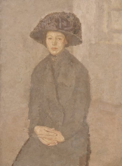 Ung kvinne med stor hatt, ca. 1917-25 (olje på lerret lagt ned om bord) av Gwen John