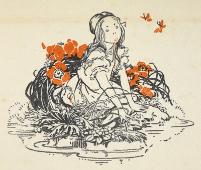 Illustrasjon av Alice ved siden av et basseng omgitt av valmuer og sommerfugler av Gwynedd M. Hudson