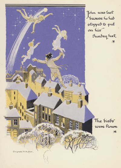 Peter Pan og Wendy: John var sist fordi han hadde stoppet for å ta på seg søndagshatten, fuglene ble fløyet (farge litho) av Gwynedd M. Hudson