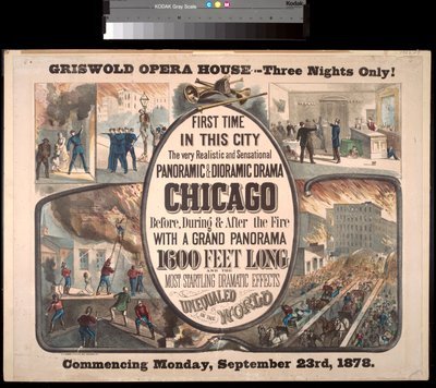Annonse for et panoramisk og dioramisk drama om Chicago-brannen i 1871 ved Griswold Opera House, 1878 av H.A. Thomas