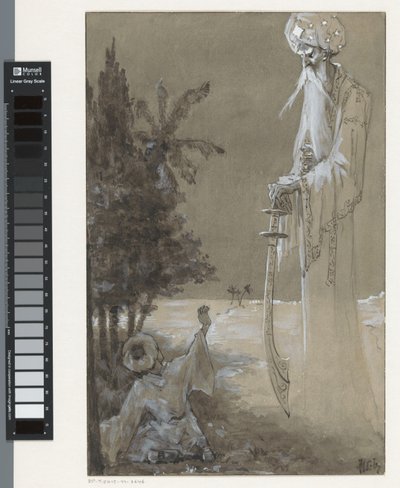 Høy mann med skjegg ser ned på en sittende gutt av H.C. Louwerse (signed by artist)