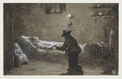 Mann kneler ved en kvinnes seng av H.C. Louwerse (signed by artist)