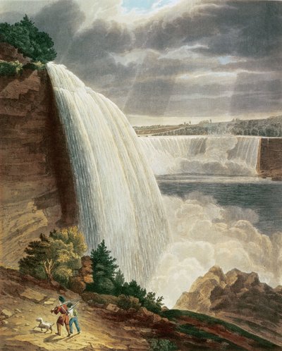 Niagara Falls, en del av American Fall from the Foot of the Stair Case, gravert av J. Hill, pub. av H.L.Megarcy (fargegravering) av H.J. Bennett