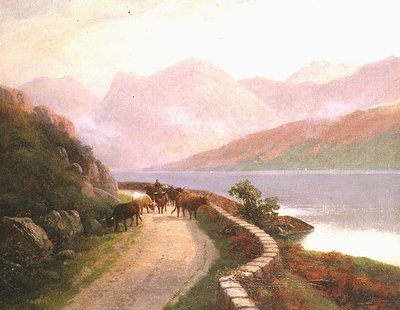 Drover med kyr ved Lake Buttermere, kveld av H.R. Hall
