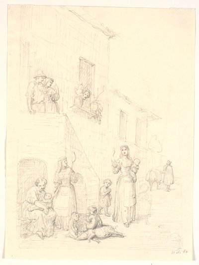 Kvinner og barn utenfor et italiensk hus av H.W. Bissen